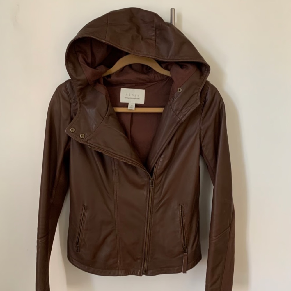 Hinge Brown 100% Leather Hooded Jacket, Size XS